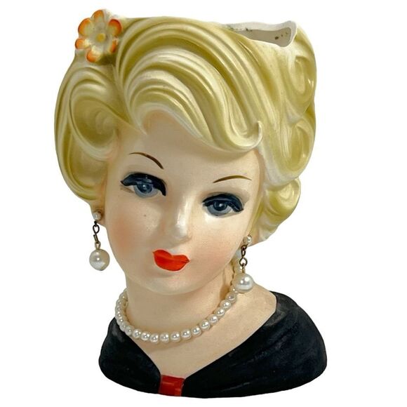 Vintage Inarco Head Vase Blonde Pearl Earrings Necklace E5622 - Picture 15 of 15